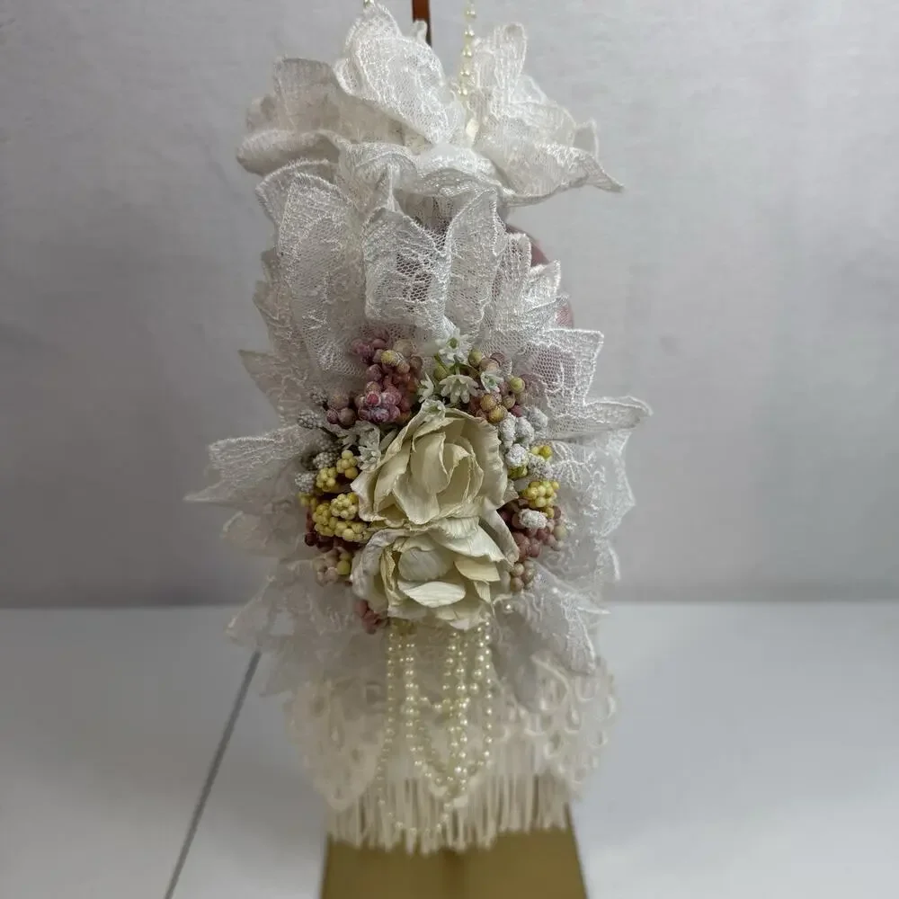 Vtg Victorian Pillow Lace Taffeta Roses Fringe Faux Pearls Romantic‎ Hanging